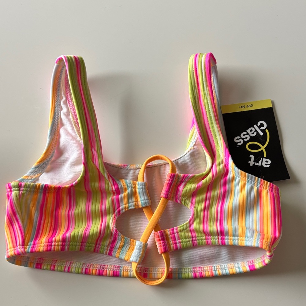 art class Neon Multi-Stripe Girls' Swim Top - Pink, Yellow, Orange, Blue, Green